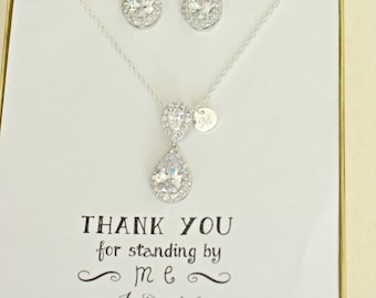 Bridesmaid Jewelry Set - Bridal Set - TearDrop Bridesmaid Necklace with initials, Cubic Zirconia Crystal Personalized Bridesmaids Gifts, TS1