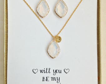 Personalized Opal Necklace and Earring Set, Gold Bridal Jewelry