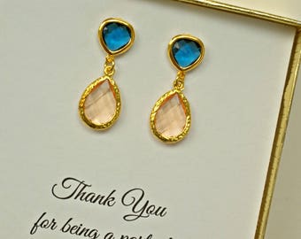 Navy and Blush Wedding Earrings for Bridesmaids, Blush Bridesmaid Gift, Blush and Gold Earrings something Blue, ES1