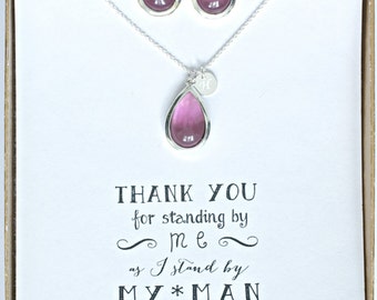 Plum Necklace & Earring Set with initial Silver, Lavender Wedding Jewelry Sets for Bridesmaids - TS1