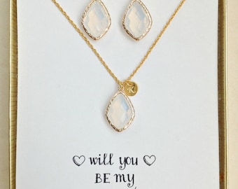 Opal initial Jewelry set for Bridesmaids, Bridesmaid Initial Necklace and Earrings Set, Sterling Silver Chain and initial, TS1