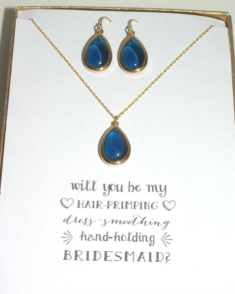 Bridesmaid Blue Jewelry MP6 Bridesmaid Gold Necklace Earring Set Set of 6 Navy Blue Necklace and Earrings Set Gold Gifts for Bridesmaids