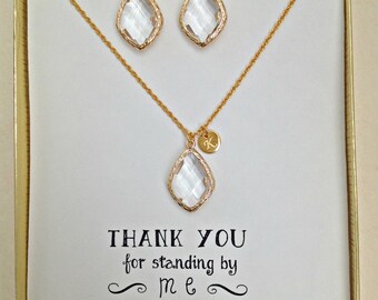 Personalized Crystal Bridal Jewelry Sets for Bridesmaids, Bridesmaid Initial Necklace Earring Gold Jewelry Set,  TS1