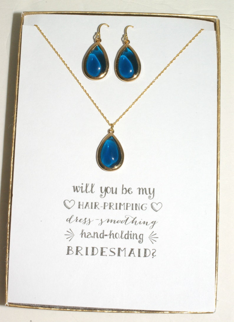 Bridesmaid Blue Jewelry MP6 Bridesmaid Gold Necklace Earring Set Set of 6 Navy Blue Necklace and Earrings Set Gold Gifts for Bridesmaids