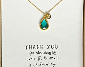 Green Bridesmaid Necklace with Initial in Gold, Bridesmaid Personalized Necklace, Bridesmaid Proposal Necklace, Bridal Party Gifts, HP1