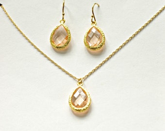 Peach Necklace and Earrings Set Gold, Blush Bridesmaid Jewelry Set, Peach Bridesmaid Jewelry Gifts, Wedding Gifts, MP1