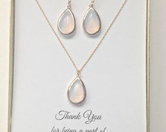 White Opal Necklace Earring Set: Gold Vermeil Bridesmaid Jewelry