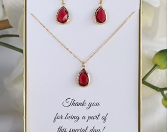 Bridesmaid Ruby Red Necklace and Earrings Set gold, Best Friend Bridesmaid Gift Ideas, Garnet Red Bridesmaid Set Earrings Necklace MP 1