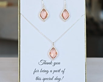 Bridesmaid Peach Morganite Necklace Earrings Set Silver, Best Friend Bridesmaid Gift Idea, Blush Peach Bridesmaid Set Earrings Necklace, MP1