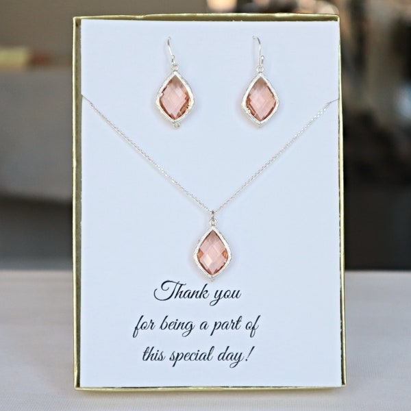 Bridesmaid Peach Morganite Necklace Earrings Set Silver, Best Friend Bridesmaid Gift Idea, Blush Peach Bridesmaid Set Earrings Necklace, MP1