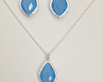 Blue Jewelry Set, Blue Silver Necklace and Earrings Set, Blue Lavender Bridesmaid Jewelry, MP1