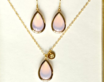 Light Blush Pink Bridesmaid initial Necklace Earrings Personalized Jewelry Set, Pink and Gold Necklace Set, TS1