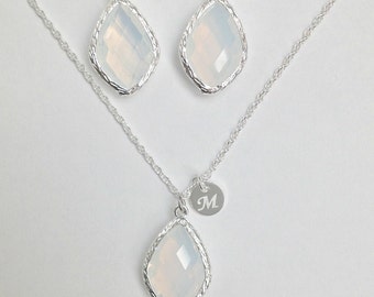 Opal Jewelry for Bridesmaids, Bridesmaid Initial Necklace and Earring Set, Personalized Jewelry for Bridesmaid, Opal Bridal Set, TS1