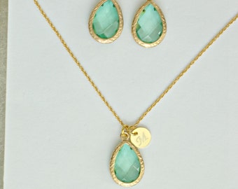 Light Green Jewelry Set for Bridesmaids, Prasiolite Necklace Earrings Set Gold initial, Personalized Bridesmaid Jewelry, TS1