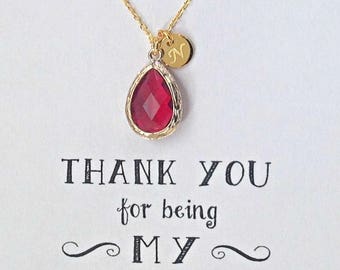 Red Bridesmaid Jewelry, Ruby Red Necklace with Initial, Red Bridesmaid Personalized Necklace, Red Wedding gifts, HP1