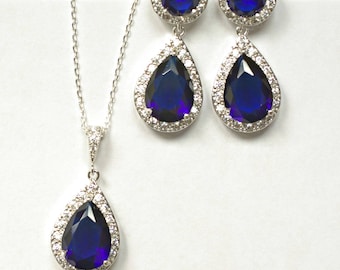 Marineblauwe sieradenset bruidsmeisje: sterlingzilveren ketting en oorbellen met zirkonia