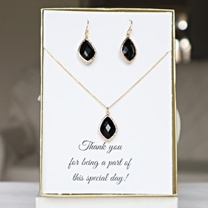 Black Teardrop Necklace Earrings Set Sterling Silver Bridesmaid Jewelry