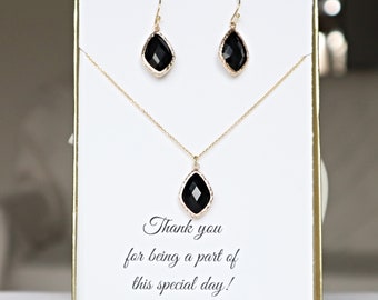 Bridesmaid Black Necklace Earrings Set Gold Silver, Best Friend Bridesmaid Gift Ideas, Jet Black Bridesmaid Set Earrings and Necklace, MP1