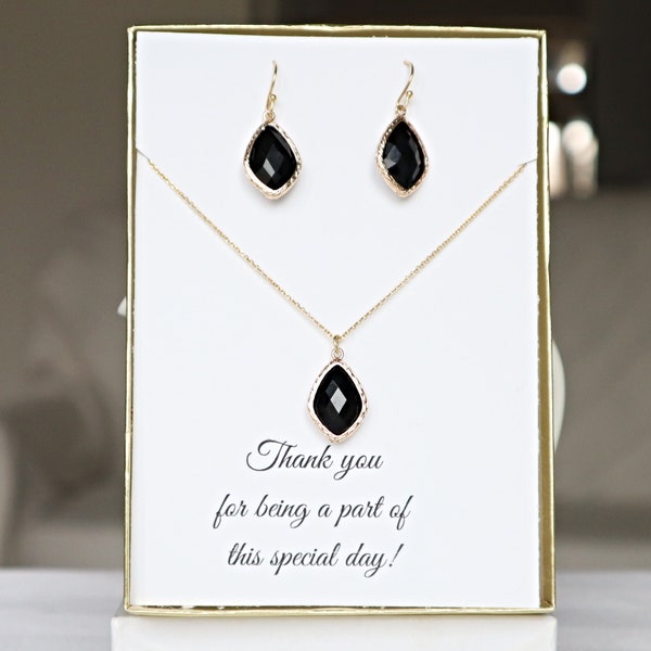 Bridesmaid Black Necklace Earrings Set Gold Silver, Best Friend Bridesmaid Gift Ideas, Jet Black Bridesmaid Set Earrings and Necklace, MP1