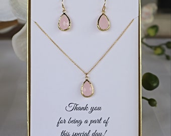 Blush Pink Rose Quartz Jewelry Set, Light Pink Necklace and Earrings Set gold, Pink Bridesmaid Jewelry, MP1