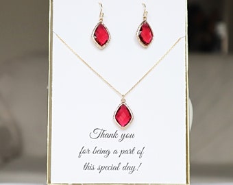 Bridesmaid Red Necklace and Earrings Set Silver Gold, Best Friend Bridesmaid Gift Ideas, Ruby Red Bridesmaid Set Earrings and Necklace, MP1