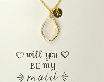 Blush Bridesmaid Personalized Jewelry, Gold Opal Necklace with name initial, Sterling Silver Gold Vermeil initial and chain - HP1