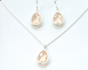 Peach Teardrop Necklace and Earrings Set: Sterling Silver Bridesmaid Jewelry