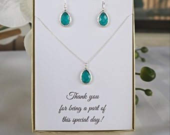 Bridesmaid Teal Necklace and Earrings Set Silver, Bridesmaid Set Earrings and Necklace, MP1