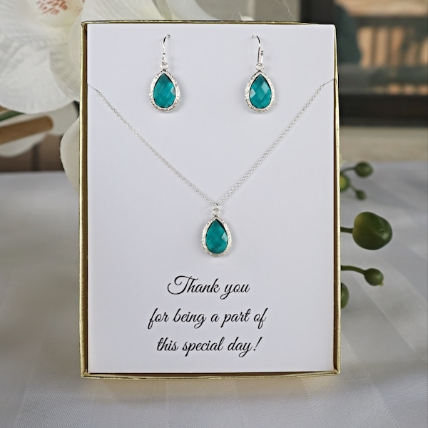 Bridesmaid Teal Necklace and Earrings Set Silver, Bridesmaid Set Earrings and Necklace, MP1