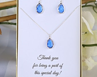 Bridesmaid Blue Necklace and Earrings Set Silver, Blue Bridesmaid Set Earrings and Necklace, MP1