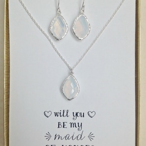 Weiß-Opal-Schmuck-Sets für Brautjungfern, Opal Silber Halskette und Ohrringe Set, Opal Braut gesetzt, Fragen Maid Of Honor, Fragen, Brautjungfer, MP1