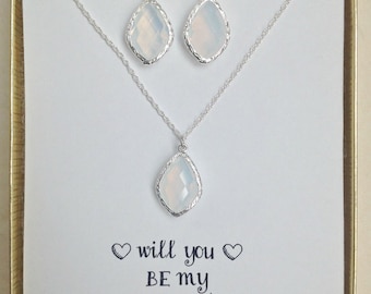 White Opal Jewelry Sets for Bridesmaids, Opal Silver Necklace and Earring Set, Opal Bridal set, Asking Maid of Honor, Asking Bridesmaid, MP1