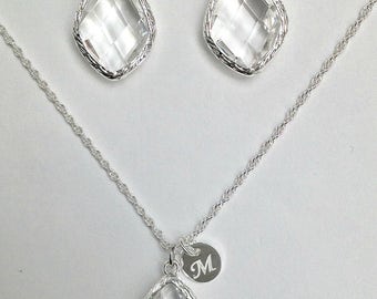 Clear Crystal Necklace Earrings Set, Silver initial Necklace Clear Crystal Earrings Set, Clear Crystal Jewelry Sets for Bridesmaids, TS1