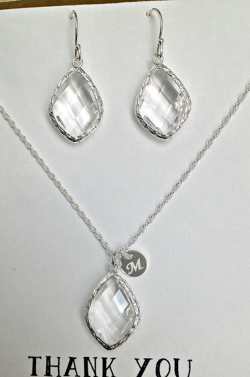 Clear Crystal Necklace Earrings Set, Silver initial Necklace Clear Crystal Earrings Set, Clear Crystal Jewelry Sets for Bridesmaids, TS1 image 1