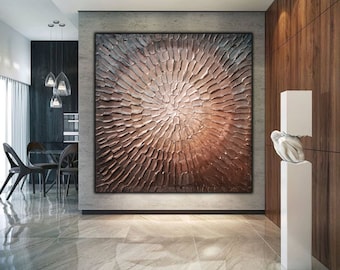 Textured Copper or Silver Wall Art – Heavy Texture Modern Abstract Painting on Canvas