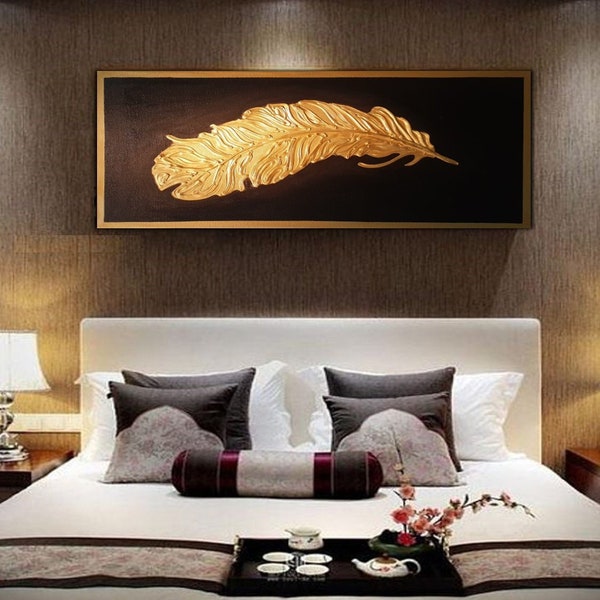Original feather textured oil painting art. Unique large wall decor canvas painting. Gold modern painting on canvas, home artwork decor