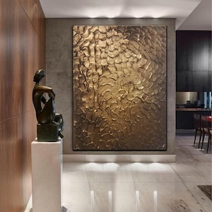 Original Modern Heavy Texture Carved Sculpture Floral Gold Modern Metallic Oil Painting, Home decor artwork.