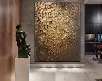 Original Modern Heavy Texture Carved Sculpture Floral Gold Modern Metallic Oil Painting, Home decor artwork.