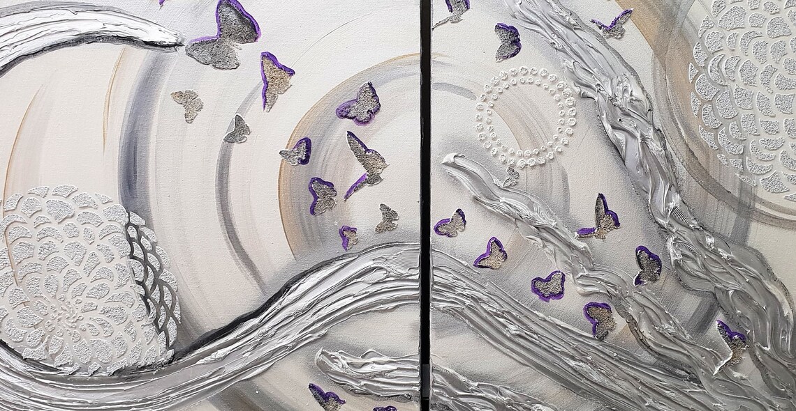 Large Wall Art Metallic Abstract Purple and Silver Butterfly Etsy