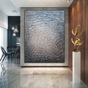Silver Elegance: Knife-Carved Textured Abstract Art. Silver gray metallic painting, modern abstract sculpted art