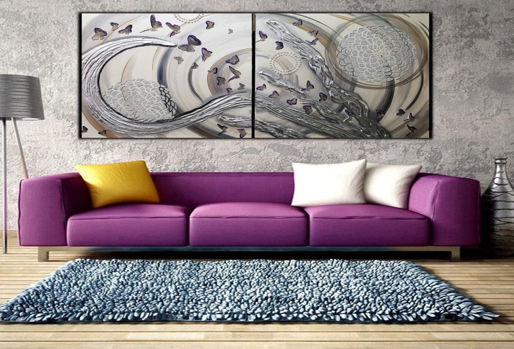 Large Wall Art Metallic Abstract Purple and Silver Butterfly Etsy