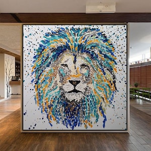 Majestic Lion Painting - Handmade Art with Vibrant Colors, Perfect for Adding Bold and Regal Elegance to Modern Home or Office Decor