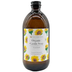 Organic Liquid Castile Soap Unscented, 1 Glass Bottle of 500ml