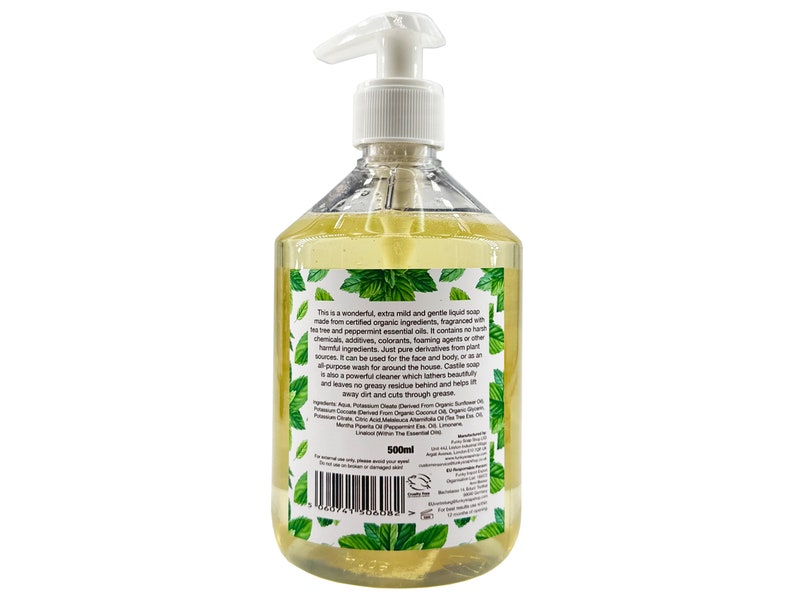 Organic Liquid Castile Soap, Tea Tree/ Peppermint 100% Natural SLS Free 500ml image 2