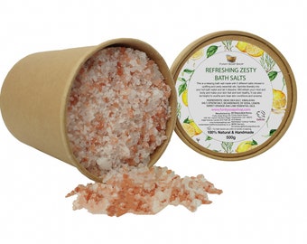 Refreshing Zesty Bath Salts, 100% Natural & Handmade, Plastic Free, Kraft Tub of 500g