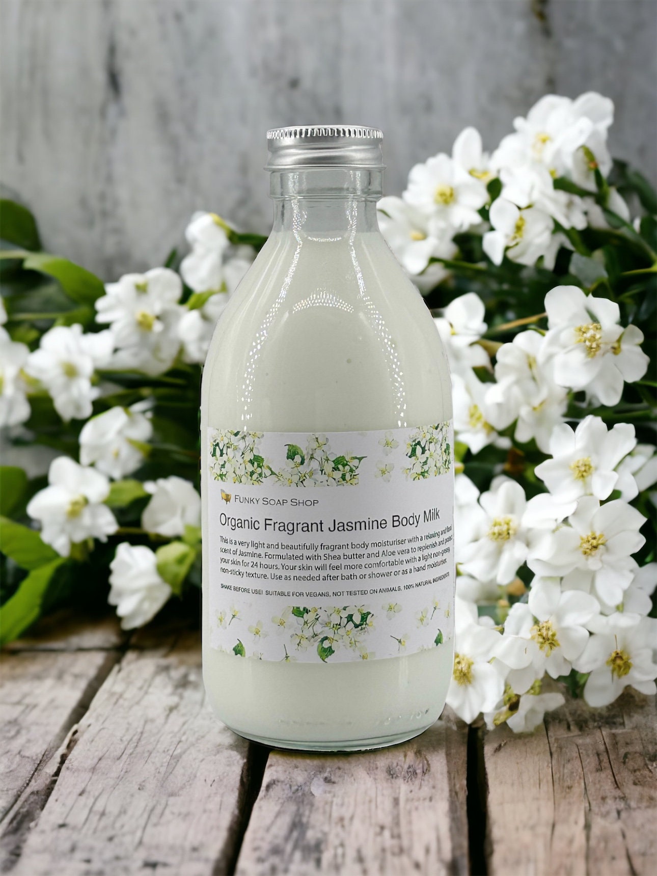 Lait corporel parfumé au jasmin BIO, sans plastique, flacon en verre de 250  ml