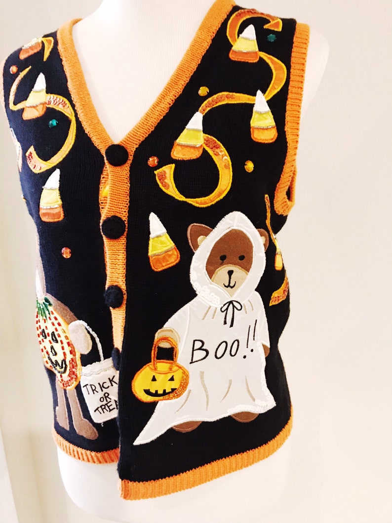 1990er Jahren Stricken Halloween Vintage Pullover Weste Boo Süßes Oder Saures Damen Button Down 90er Jahre Candy Corn Teddybär Weste Standard