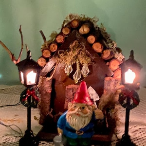 Fairy House Miniature House, Bark, Moss, Lights, Gnome