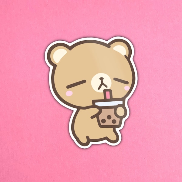 Mr. Bear Holding Boba Milk Tea Glossy Sticker - Kawaii, Easy Peel, Bubble Tea, Laptop Decal, Water Resistant, Hydroflask