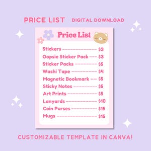 DIGITAL DOWNLOAD Price List Template in Canva | Customizable in Canva, Small Business Marketing, Artist Alley, Farmers Market